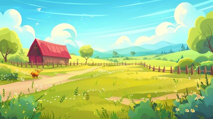 Wall Mural - Modern illustration of countryside panorama, agricultural fields with wooden granary, road, fence, trees and shrubs, surrounded by a farm barn and village houses.