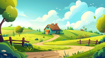Wall Mural - The rural landscape of a summer day with a farm barn, green agriculture fields, and village houses. Modern cartoon illustration of a rural landscape with a wood grain silo, a road, a fence, trees,