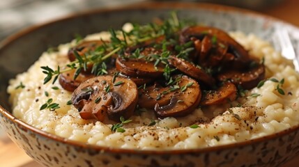 Poster - gourmet mushroom risotto, delight your taste buds with a comforting creamy risotto featuring savory mushrooms and herbs, a perfect meal for any occasion