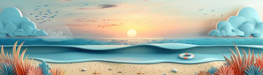 The setting sun casts a golden glow on the ocean waves in this beautiful beach scene.