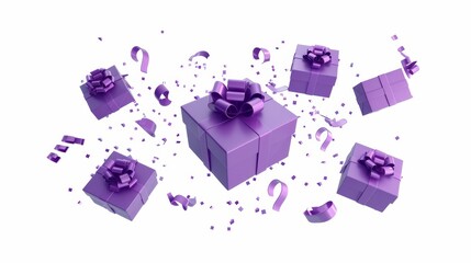 Wall Mural - Render of a 3D render of a gift box opening animation showing the purple presents open and closed, isolated on white background. Realistic rendering. 3D illustration.