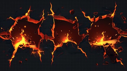 Wall Mural - A lava hole in the ground, red magma glow in cracks in the land, a land surface ruined by disaster. Destruction, damage fissure effect after a disaster, realistic 3D modern set.