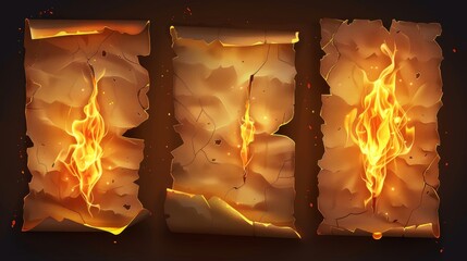 Poster - Stack of burning paper png isolated on transparent background. Burning paper png set with uneven edges damaged by fire and black from ashes. Last-minute deal concept.