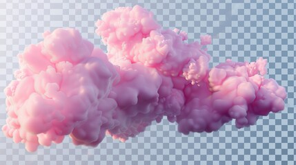Poster - Flying weather design elements on transparent background attached to pink clouds, fluffy spindrift or cumulus eddies. Cartoon plastic style illustration.