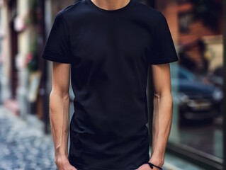 Wall Mural - black t-shirt mockup, male model standing outside