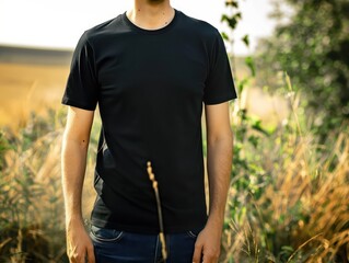 Wall Mural - black t-shirt mockup, male model standing outside