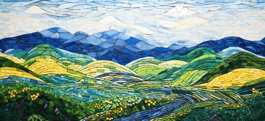 Wall Mural - A mosaic of mountains and a sun with a blue sky background