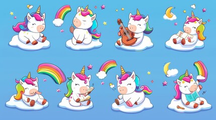 Sticker - Modern illustration of cute unicorns with rainbow horns singing, playing guitars, reading books, sleeping, smiling, jumping on clouds on a sky background.