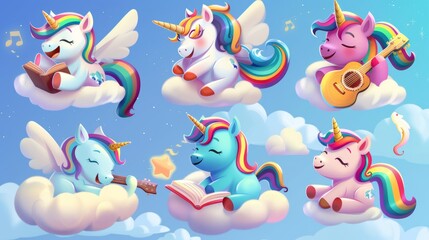 Sticker - Set of cute rainbow unicorns on sky background. Modern illustration of pony characters with horn singing, playing guitar, reading, sleeping, smiling, jumping on clouds.