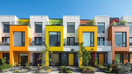 Wall Mural - The front of a bright, colorful row of modern townhouses, each with its unique color scheme and design, featuring rooftop gardens and small, cozy patios for outdoor living. 