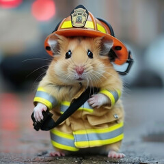 Hamster in a firefighter's suit with a helmet on his head