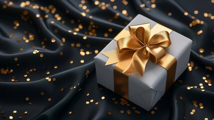 Wall Mural - An illustration of a 3D gift box with gold ribbon on white silk fabric. Black friday banner, birthday card with white present box, gold bow, and confetti, modern illustration.