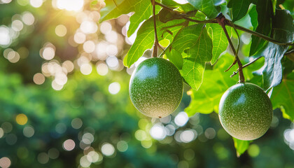 Wall Mural - Green passion fruits on tree branch. Organic tropical fruit. Natural harvest. Healthy food.