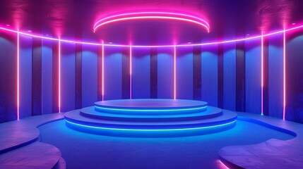 Poster - Modern neon neon room with led lights stage background. Dark abstract studio with screen night scene. 3D blue showroom interior for casino game design.