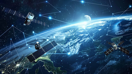 Wall Mural - A network of interconnected satellites orbiting high above the Earth, beaming data and communication signals across the globe with unparalleled speed and efficiency.