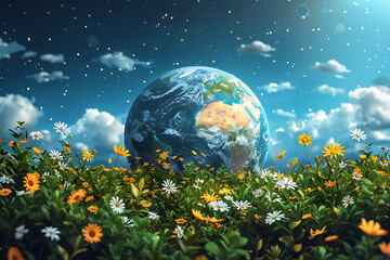 Wall Mural - A vibrant blue and green eco Earth globe symbolizes environmental world protection and ecological conservation, promoting the message 