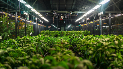 Wall Mural - A panoramic view of a high-tech agricultural facility, where automated drones and robotic arms work in harmony to cultivate crops with unparalleled efficiency.