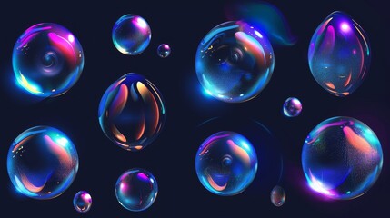 Poster - Animation sprite sheet of burst sequence of transparent liquid sphere with iridescent reflection in 3D. Modern set of realistic sphere burst animation.