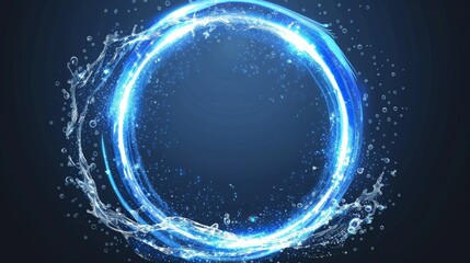 Poster - Realistic modern illustration of a swirling stream of clear blue liquid with drops and swirls. A ring frame with bubbles and light twirls.