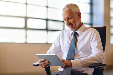Poster - CEO, tablet and happy business man in office for email communication, management or research. Corporate, internet and technology with smile of mature boss or employer reading info in workplace
