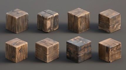 Poster - Block of wood for alphabet kid's toy. 3D modern illustration of brown rectangular beam element with wood texture. Mockup of timber square pieces angled differently.