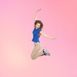 Full body excited woman jump high
