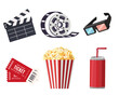 © Kamila - Movie theater icon set. Movie theater popcorn, movie theater clapper, 3d glasses, drink and movie theater tickets Vector, isolated on white background
