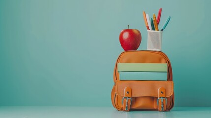 School bag and red apple and box of pen holder with stack book on light blue background copy space 