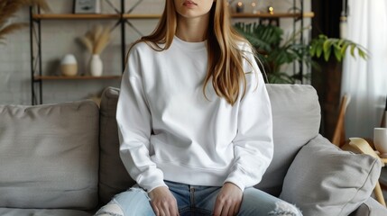 Young woman wearing blank white crewneck sweatshirt