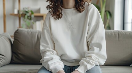 Young woman wearing blank white crewneck sweatshirt