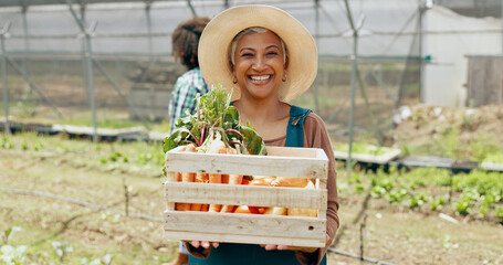Wall Mural - Farming, vegetables and mature woman with box in greenhouse for agriculture or supply chain. Smile, produce and portrait of female farmer with crate for gardening sustainable food in environment.