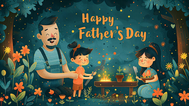 Father's Day celebration background adorned with a gift box mug calendar mustache heart shape
