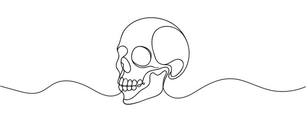 Human scull. One line continuous Halloween skull isolated on white background. Line art outline vector illustration.
