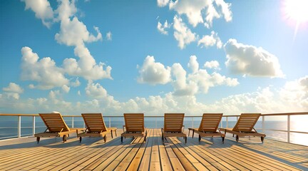 Wall Mural - A serene cruise ship deck featuring six empty wooden lounge chairs arranged in a row under a bright blue sky with scattered clouds.