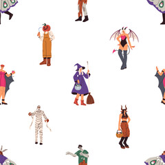 Poster - Halloween masquerade, party, seamless pattern. People in witch, pumpkin, devil costumes, spooky background, repeating holiday design. Flat vector illustration for fabric, textile, wallpaper, wrapping