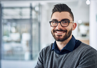 Poster - Happy, glasses and portrait of business man with company pride, confidence and smile in startup. Creative agency, professional and face of person for career, work and job opportunity in office