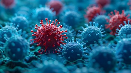 Poster - Detailed 3D Rendering of Contrasting Red and Blue Viruses Symbolizing Scientific Discovery and Medical Advancement