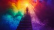 © MAY - A symbolic image of a person climbing a ladder made of rainbow colors reaching towards a shining light at the top symbolizing the journey towards pride justice and liberation