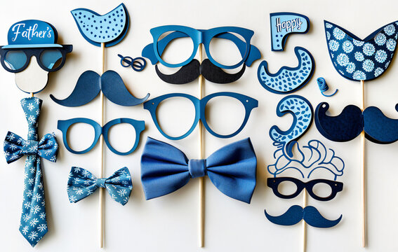 Father's Day celebration background adorned with a gift box mug calendar mustache heart shape