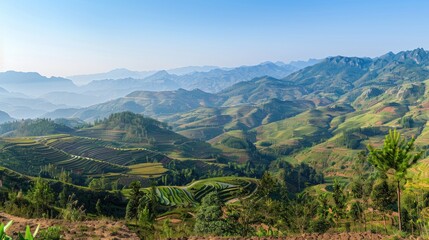 a stunning landscape featuring lush green rice terraces against a backdrop of majestic mountains.