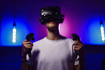 The player plays the game using virtual reality. Neon style.