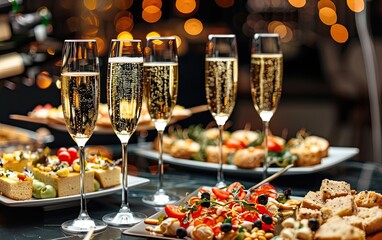 Elegant buffet with champagne flutes and gourmet appetizers.