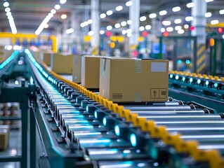 Poster - Automated Logistics System with Conveyor Belt Transporting Packages in High Tech Distribution Warehouse