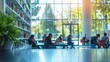 © GB - College students studying in a modern library, defocused background