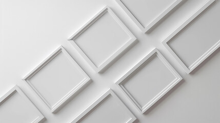 Wall Mural - An art gallery featuring a diagonal spread of six plain white frames from corner to corner of the gallery wall.