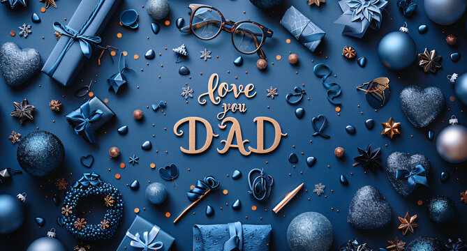 Father's Day celebration background adorned with a gift box mug calendar mustache heart shape
