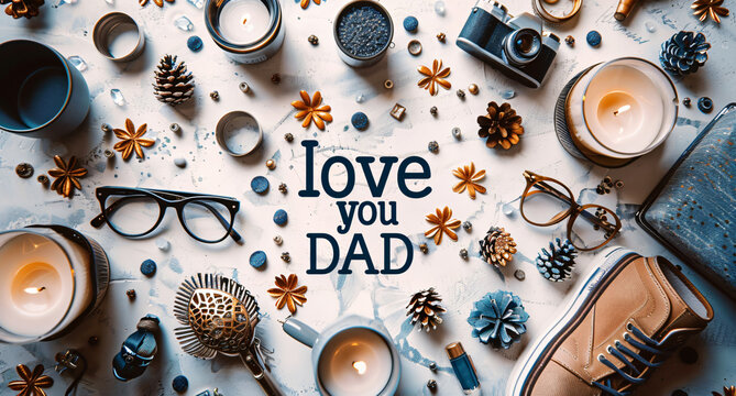 Father's Day celebration background adorned with a gift box mug calendar mustache heart shape