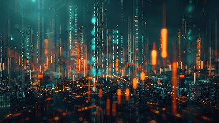Fototapete - Abstract glowing big data forex candlestick chart on blurry city backdrop. Trade, technology, investment and analysis concept. Double exposure
