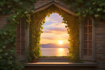 Wall Mural -  A quaint attic window framed by ivy-covered eaves, basking in the golden glow of sunset