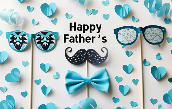 Father's Day celebration background adorned with a gift box mug calendar mustache heart shape

